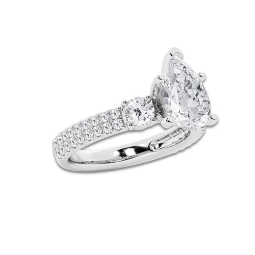 4.00 ctw Pear Lab-Grown Diamond Three Stone Double Row Engagement Ring in Platinum for Women | E Color, VS1 Clarity, IGI Certified 3.00 ct Center Diamond