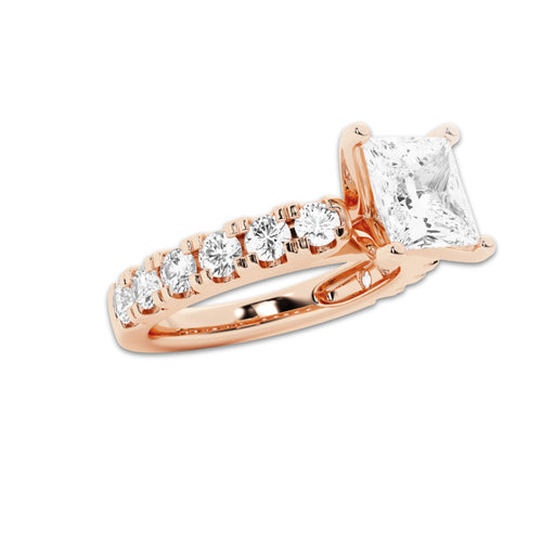 2.50 ctw Princess Lab-Grown Diamond Split-Prong Set Side Stone Engagement Ring in 14K Rose Gold for Women | Colorless E, VS1 Clarity, IGI Certified 1.50 ct Center Diamond