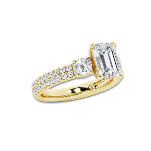 3.50 ctw Emerald Lab-Grown Diamond Three Stone Double Row Engagement Ring in 14K Yellow Gold for Women | D Color, VVS1 Clarity, IGI Certified 2.50 ct Center Diamond