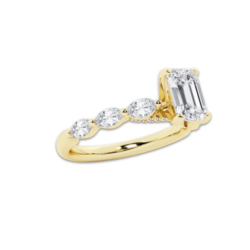 1.16 ctw Emerald Lab-Grown Diamond Marquise Side Stone Engagement Ring in 14K Yellow Gold for Women | Colorless E, VS1 Clarity, IGI Certified 0.75 ct Center Diamond