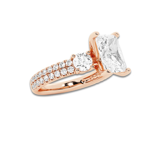2.25 ctw Radiant Lab-Grown Diamond Three Stone Double Row Engagement Ring in 14K Rose Gold for Women | E Color, VS1 Clarity, IGI Certified 1.50 ct Center Diamond