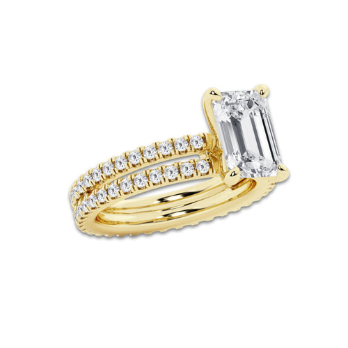 3.89 ctw Emerald Lab-Grown Diamond Double Row Diamond Engagement Ring in 14K Yellow Gold for Women | Colorless E, VS1 Clarity, IGI Certified 3.00 ct Center Diamond