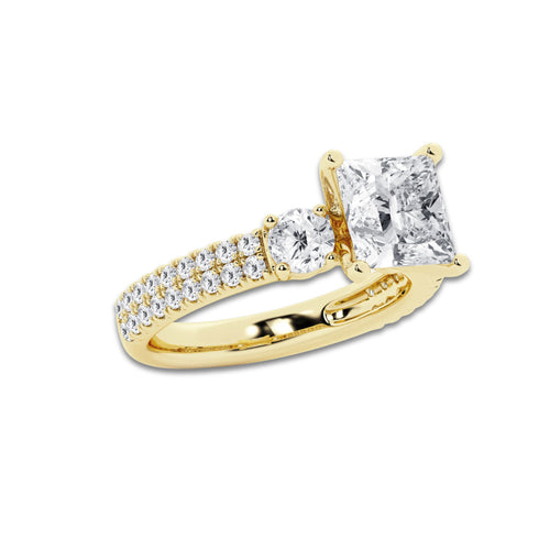 3.50 ctw Princess Lab-Grown Diamond Three Stone Double Row Engagement Ring in 14K Yellow Gold for Women | D Color, VVS1 Clarity, IGI Certified 2.50 ct Center Diamond