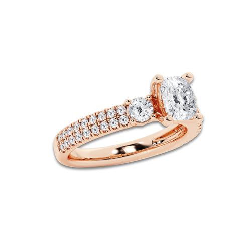 1.46 ctw Elongated Cushion Lab-Grown Diamond Three Stone Double Row Engagement Ring in 14K Rose Gold for Women | E Color, VS1 Clarity, IGI Certified 0.75 ct Center Diamond