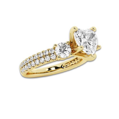 3.00 ctw Heart Lab-Grown Diamond Three Stone Double Row Engagement Ring in 14K Yellow Gold for Women | E Color, VS1 Clarity, IGI Certified 2.00 ct Center Diamond