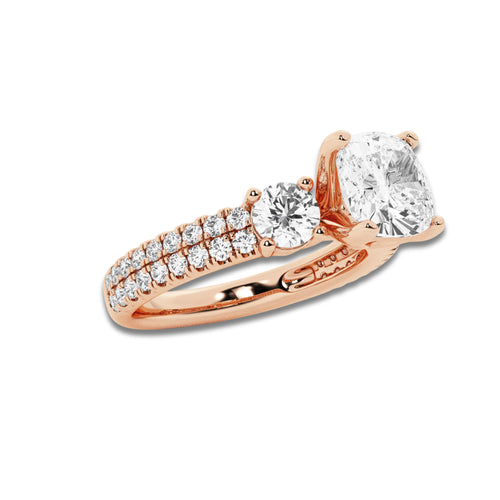 1.50 ctw Cushion Lab-Grown Diamond Three Stone Double Row Engagement Ring in 14K Rose Gold for Women | E Color, VS1 Clarity, IGI Certified 0.75 ct Center Diamond