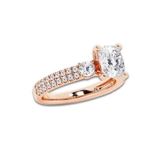 2.21 ctw Elongated Cushion Lab-Grown Diamond Three Stone Double Row Engagement Ring in 14K Rose Gold for Women | E Color, VS1 Clarity, IGI Certified 1.50 ct Center Diamond