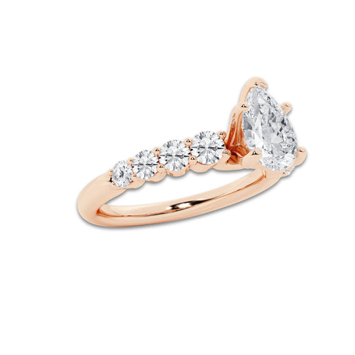 1.54 Ct Pear Lab-Grown Diamond Half Eternity Engagement Ring in 14K Rose Gold for Female, Colorless (D), VVS1 Clarity | IGI Certified, 1.00 Ct Center Diamond
