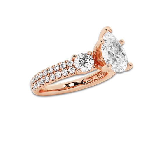 1.75 ctw Pear Lab-Grown Diamond Three Stone Double Row Engagement Ring in 14K Rose Gold for Women | E Color, VS1 Clarity, IGI Certified 1.00 ct Center Diamond