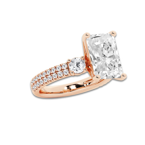 5.96 ctw Radiant Lab-Grown Diamond Three Stone Double Row Engagement Ring in 14K Rose Gold for Women | D Color, VVS1 Clarity, IGI Certified 5.00 ct Center Diamond