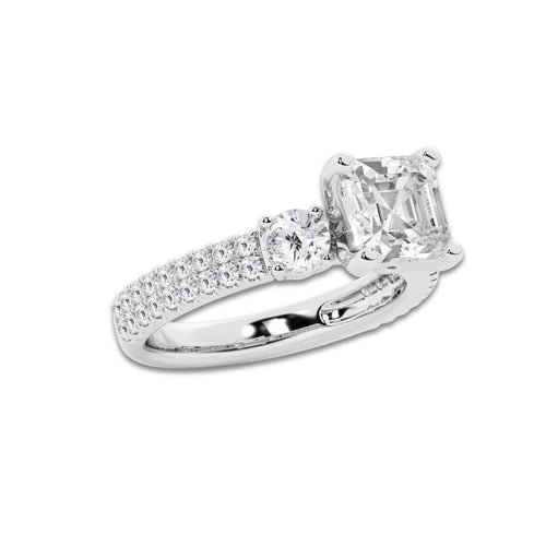 3.50 ctw Asscher Lab-Grown Diamond Three Stone Double Row Engagement Ring in Platinum for Women | E Color, VS1 Clarity, IGI Certified 2.50 ct Center Diamond
