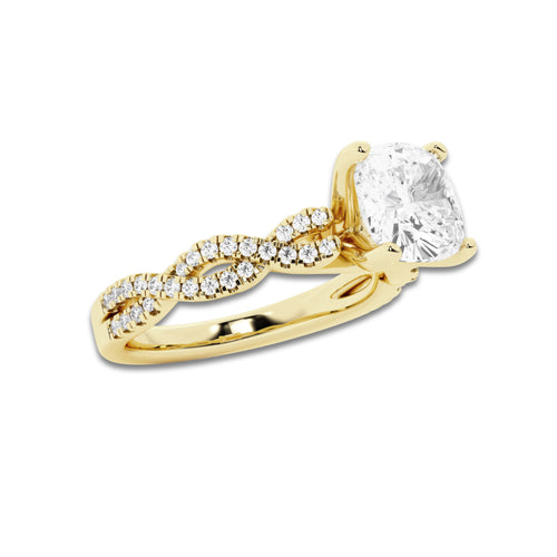 2.25 ctw Cushion Lab-Grown Diamond Twisted Shank Engagement Ring in 14K Yellow Gold for Women | D Color, VVS1 Clarity, IGI Certified 2.00 ct Center Diamond