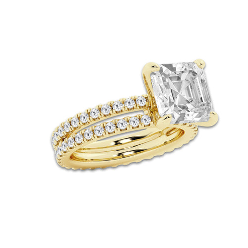 6.22 ctw Asscher Lab-Grown Diamond Double Row Diamond Engagement Ring in 14K Yellow Gold for Women | Colorless E, VS1 Clarity, IGI Certified 5.00 ct Center Diamond
