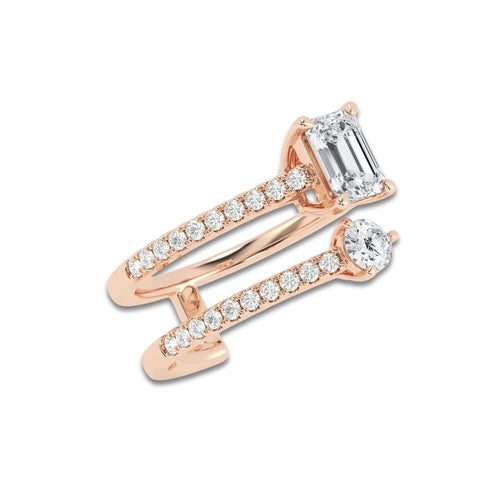 Poetica 1 1/4 ctw Toi Et Moi Emerald and Round Ring 14K Rose Gold, DE, VS1 | IGI Certified, 3/4 ct Center