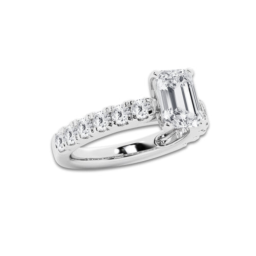 3.50 ctw Emerald Lab-Grown Diamond Split-Prong Set Side Stone Engagement Ring in 14K White Gold for Women | Colorless E, VS1 Clarity, IGI Certified 2.50 ct Center Diamond