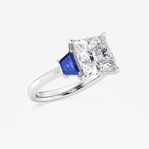 Camellia 4 ctw Princess Lab Grown Diamond and 5.5x3.3x2.2 mm Trapezoid Created Sapphire Three-Stone Ring Platinum, E, VS1 | IGI Certified, 4 ct Center