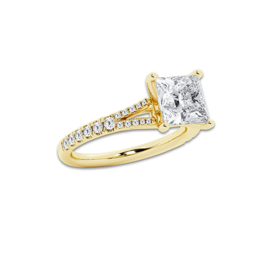 2.83 ctw Princess Lab-Grown Diamond Split Shank Side Stone Engagement Ring in 14K Yellow Gold for Women | Colorless D, VVS1 Clarity, IGI Certified 2.50 ct Center Diamond