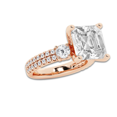 8.96 ctw Asscher Lab-Grown Diamond Three Stone Double Row Engagement Ring in 14K Rose Gold for Women | E Color, VS1 Clarity, IGI Certified 8.00 ct Center Diamond