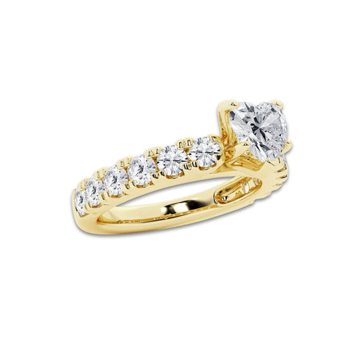 2.00 ctw Heart Lab-Grown Diamond Split-Prong Set Side Stone Engagement Ring in 14K Yellow Gold for Women | Colorless E, VS1 Clarity, IGI Certified 1.00 ct Center Diamond