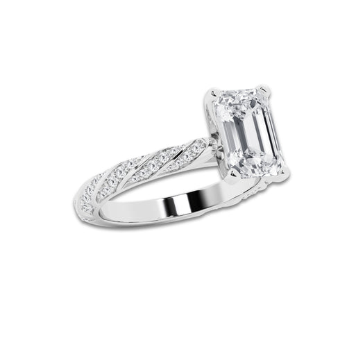 3.92 ctw Emerald Lab-Grown Diamond Twisted Band Engagement Ring in Platinum for Women | Colorless D, VVS1 Clarity, IGI Certified 3.50 ct Center Diamond