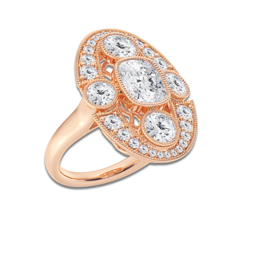 Gwen 4 1/5 ctw Cushion Lab Grown Diamond Vintage Inspired Engagement Ring 14K Rose Gold, D, VVS | IGI Certified, 2 ct Center