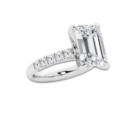 7.55 ctw Emerald Lab-Grown Diamond Pave Engagement Ring in 14K White Gold for Women | E Color, VS1 Clarity, IGI Certified 7.00 ct Center Diamond
