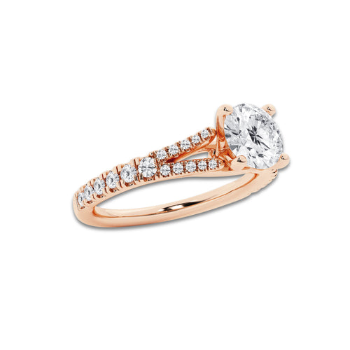 1.08 ctw Round Lab-Grown Diamond Split Shank Side Stone Engagement Ring in 14K Rose Gold for Women | Colorless E, VS1 Clarity, IGI Certified 0.75 ct Center Diamond