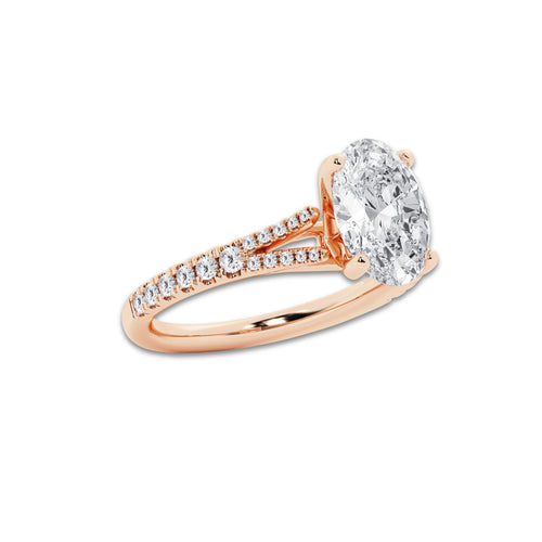 3.33 ctw Oval Lab-Grown Diamond Split Shank Side Stone Engagement Ring in 14K Rose Gold for Women | Colorless E, VS1 Clarity, IGI Certified 3.00 ct Center Diamond
