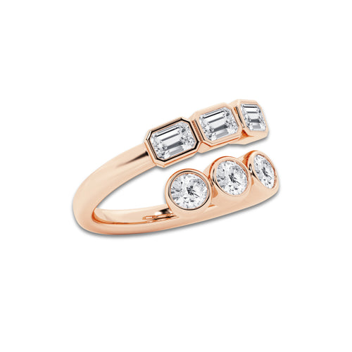 Oud 1 1/2 ctw Round and Emerald Lab Grown Diamond Bezel Bypass Ring 14K Rose Gold, DE, VS1