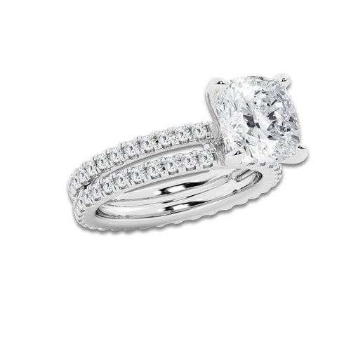 5.22 ctw Cushion Lab-Grown Diamond Double Row Diamond Engagement Ring in Platinum for Women | Colorless E, VS1 Clarity, IGI Certified 4.00 ct Center Diamond
