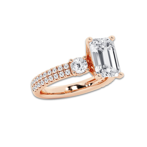 4.46 ctw Emerald Lab-Grown Diamond Three Stone Double Row Engagement Ring in 14K Rose Gold for Women | E Color, VS1 Clarity, IGI Certified 3.50 ct Center Diamond