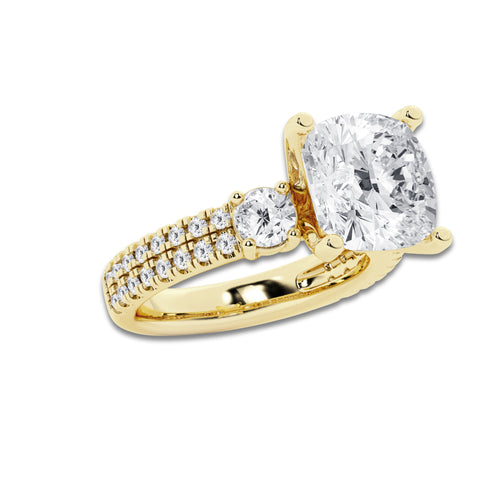 6.96 ctw Cushion Lab-Grown Diamond Three Stone Double Row Engagement Ring in 14K Yellow Gold for Women | D Color, VVS1 Clarity, IGI Certified 6.00 ct Center Diamond