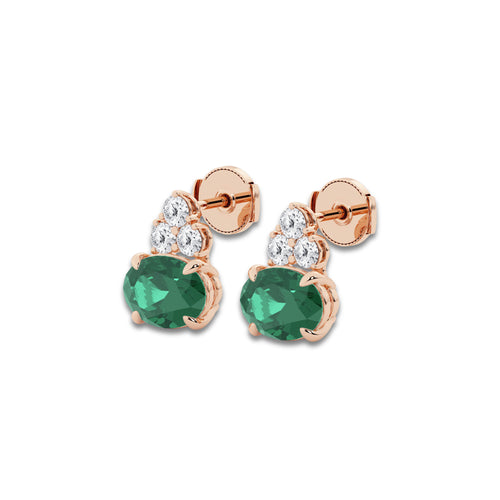 10.7x7.49mm East-West Oval Cut Created Emerald with 3/4 ctw Round Lab Grown Diamond Cluster Earrings 14K Rose Gold