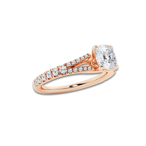 1.33 ctw Cushion Lab-Grown Diamond Split Shank Side Stone Engagement Ring in 14K Rose Gold for Women | Colorless E, VS1 Clarity, IGI Certified 1.00 ct Center Diamond