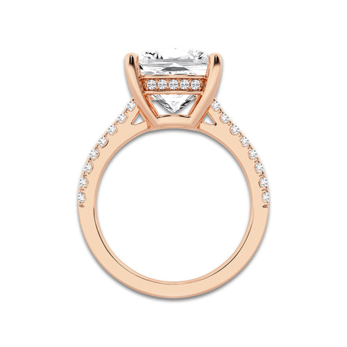 5.30 ctw Cushion Lab-Grown Diamond Hidden Halo Side Stone Engagement Ring in 18K Rose Gold for Women | Colorless D, VVS1 Clarity, IGI Certified 5.00 ct Center Diamond