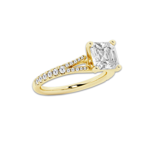 2.83 ctw Asscher Lab-Grown Diamond Split Shank Side Stone Engagement Ring in 14K Yellow Gold for Women | Colorless E, VS1 Clarity, IGI Certified 2.50 ct Center Diamond