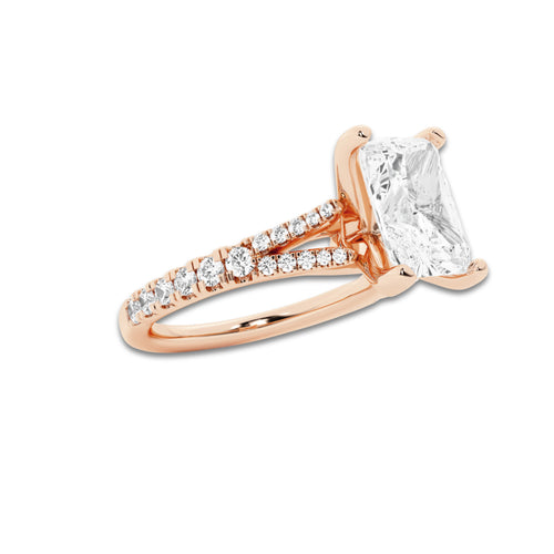 2.33 ctw Radiant Lab-Grown Diamond Split Shank Side Stone Engagement Ring in 14K Rose Gold for Women | Colorless E, VS1 Clarity, IGI Certified 2.00 ct Center Diamond