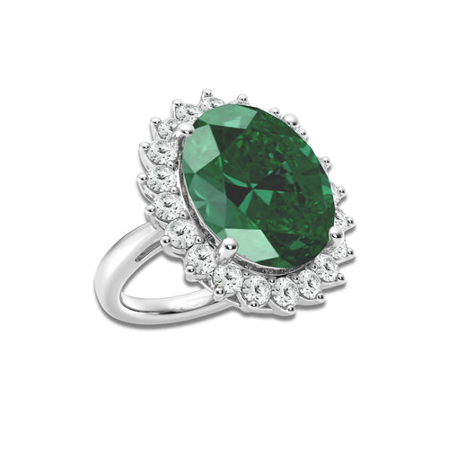 Periwinkle 15 3/4 ctw Oval Cut Emerald and Round Lab Grown Diamond Engagement Ring 14K White Gold | 14 ct Center
