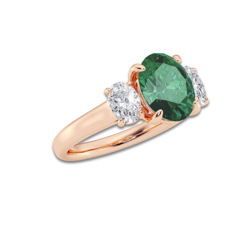 Gardenia 3 2/5 ctw Oval Cut Emerald and Oval Lab Grown Diamond Three-Stone Engagement Ring 14K Rose Gold | 2 1/2 ct Center