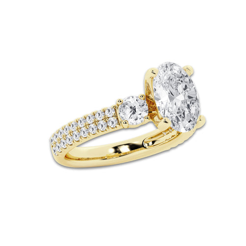 3.50 ctw Oval Lab-Grown Diamond Three Stone Double Row Engagement Ring in 14K Yellow Gold for Women | D Color, VVS1 Clarity, IGI Certified 2.50 ct Center Diamond