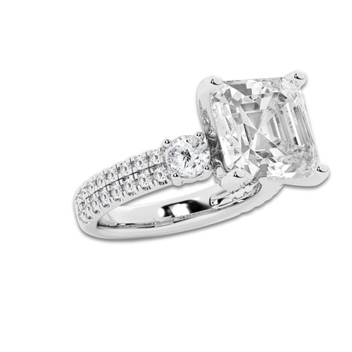 8.96 ctw Asscher Lab-Grown Diamond Three Stone Double Row Engagement Ring in 14K White Gold for Women | D Color, VVS1 Clarity, IGI Certified 8.00 ct Center Diamond