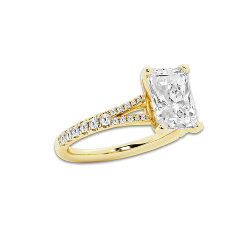 2.83 ctw Radiant Lab-Grown Diamond Split Shank Side Stone Engagement Ring in 14K Yellow Gold for Women | Colorless E, VS1 Clarity, IGI Certified 2.50 ct Center Diamond