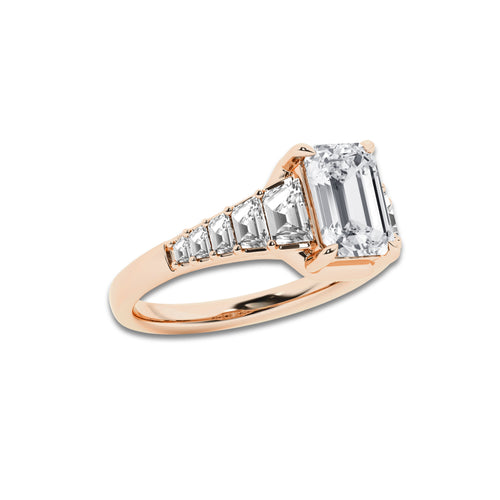 Zinnia 2 7/8 ctw Emerald Lab Grown Diamond with Trapezoid Side Stone Engagement Ring 14K Rose Gold, D, VVS | Certified, 2 ct Center