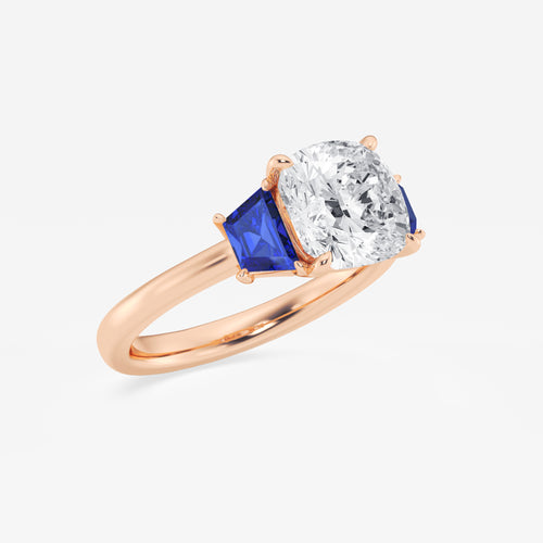 Camellia 3 ctw Cushion Lab Grown Diamond and 5.5x3.3x2.2 mm Trapezoid Created Sapphire Three-Stone Ring 14K Rose Gold, E, VS1 | IGI Certified, 3 ct Center
