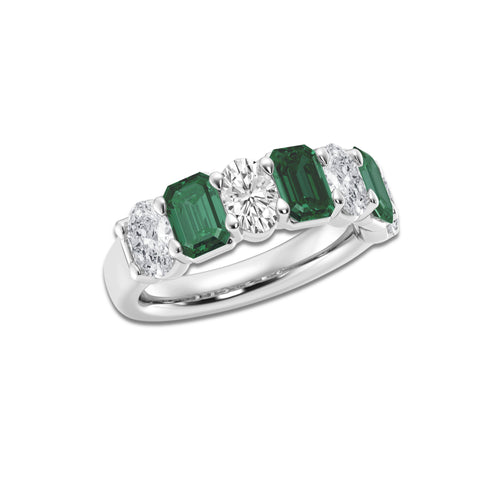 Monica 5.5x3.8mm Created Emerald and 1 1/3 ctw Oval Lab Grown Diamond Seven Stone Alternating Anniversary Band 14K White Gold, DE, VS1