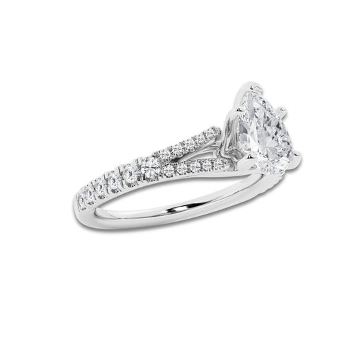 1.08 ctw Pear Lab-Grown Diamond Split Shank Side Stone Engagement Ring in Platinum for Women | Colorless E, VS1 Clarity, IGI Certified 0.75 ct Center Diamond