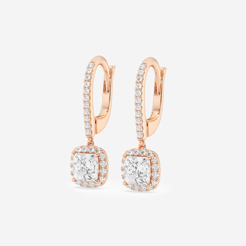 1 1/3 ctw Princess Lab Grown Diamond Halo Drop Earrings 14K Rose Gold, E, VS1