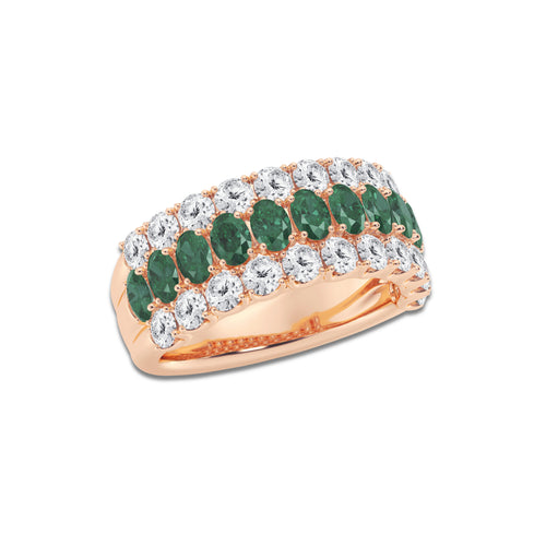 Three Row 3.9x2.8 mm Oval Cut Created Emerald and 1 1/2 ctw Round Lab Grown Diamond Three Row Ring 14K Rose Gold