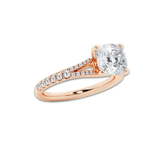 2.83 ctw Cushion Lab-Grown Diamond Split Shank Side Stone Engagement Ring in 14K Rose Gold for Women | Colorless E, VS1 Clarity, IGI Certified 2.50 ct Center Diamond