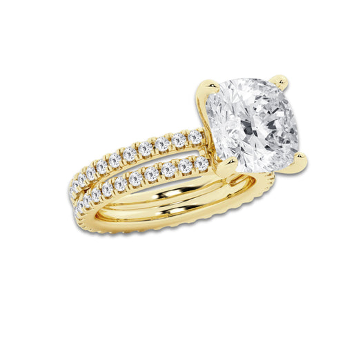 7.22 ctw Cushion Lab-Grown Diamond Double Row Diamond Engagement Ring in 14K Yellow Gold for Women | Colorless E, VS1 Clarity, IGI Certified 6.00 ct Center Diamond
